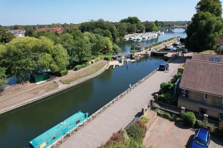 Aerial view of riverside property