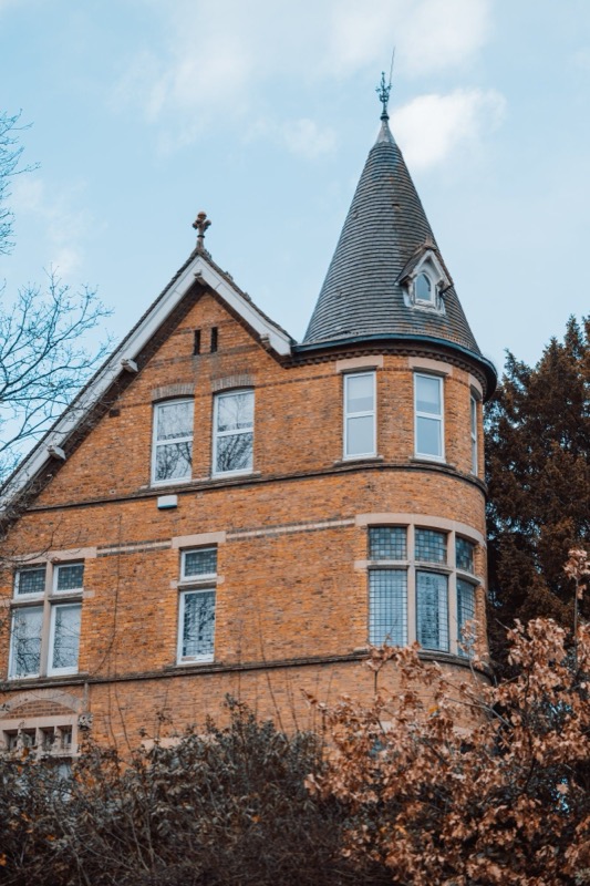 Victorian mansion turret with slate roof