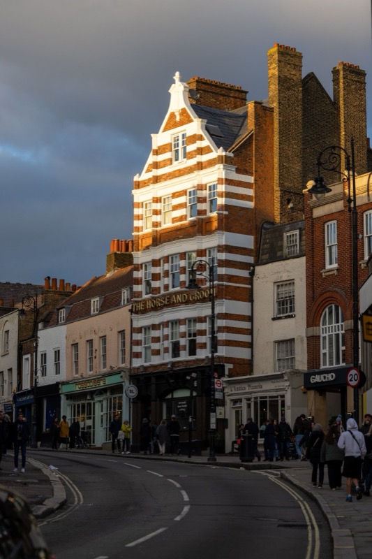 Period building street scene with striped Georgian facade