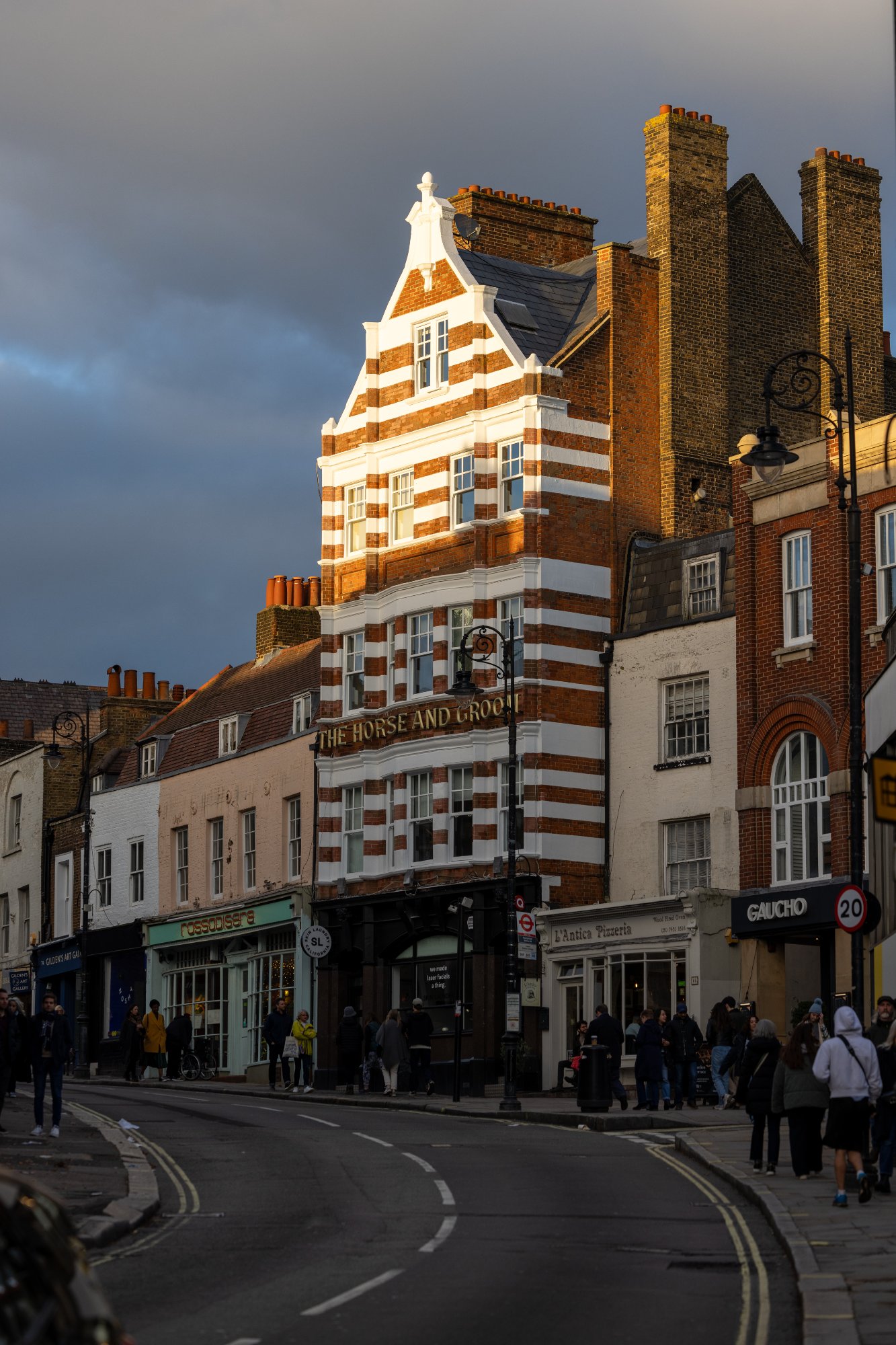 Period building street scene with striped Georgian facade